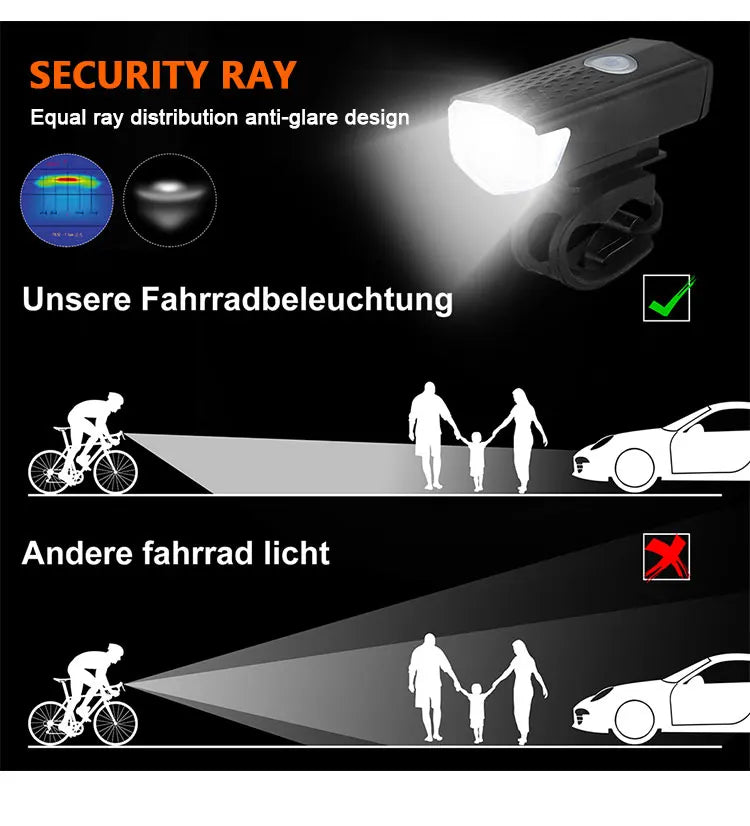 Conjunto de luz de bicicleta USB recarregável luz dianteira com luz traseira