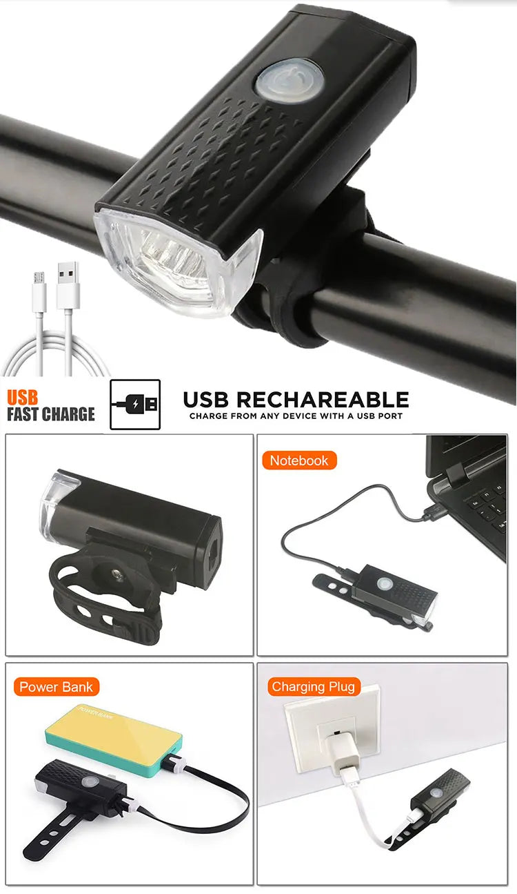 Conjunto de luz de bicicleta USB recarregável luz dianteira com luz traseira