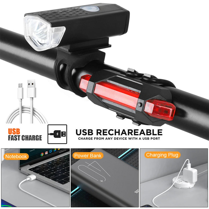 Conjunto de luz de bicicleta USB recarregável luz dianteira com luz traseira