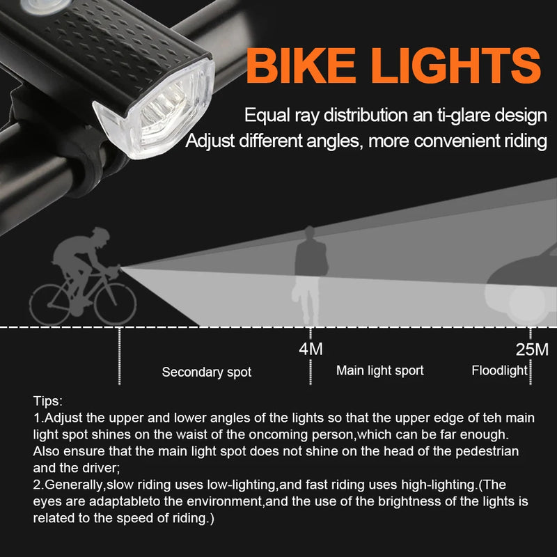 Conjunto de luz de bicicleta USB recarregável luz dianteira com luz traseira