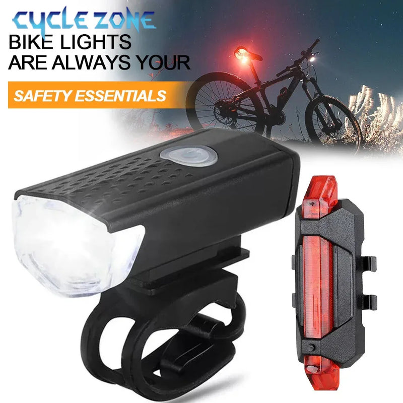 Conjunto de luz de bicicleta USB recarregável luz dianteira com luz traseira