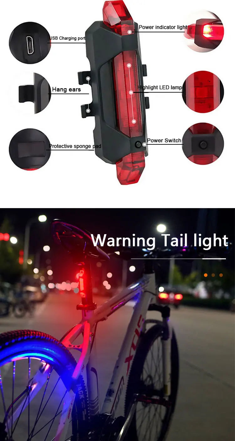 Conjunto de luz de bicicleta USB recarregável luz dianteira com luz traseira