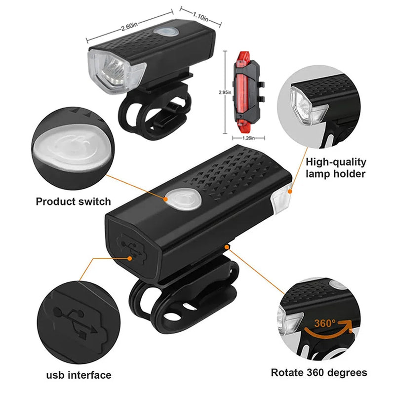 Conjunto de luz de bicicleta USB recarregável luz dianteira com luz traseira